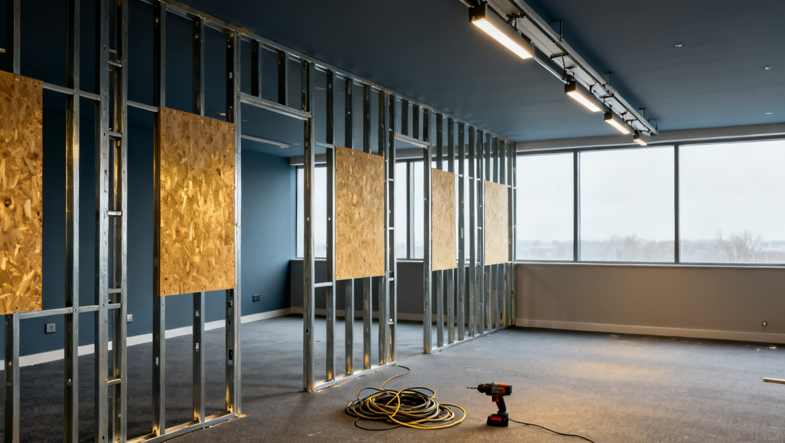 An office fit-out in progress with new partitioning and lighting being installed